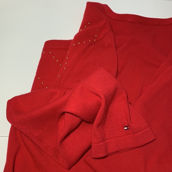 Tommy Hilfiger V Neck Pullover Sweater Red Gold Studs Women’s L Embellished - Picture 7 of 14